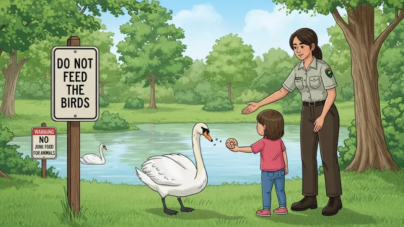 Park ranger stopping a child from feeding a donut to a swan near a pond in Oregon