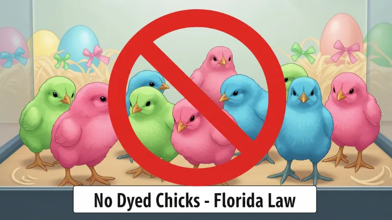 Colorful dyed baby chicks with a no symbol and Florida law sign