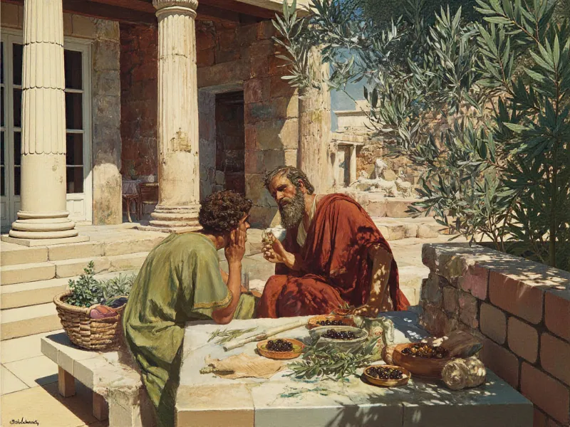 Hippocrates advising a patient about fasting in ancient Greece, showing early use of food and fasting for healing.