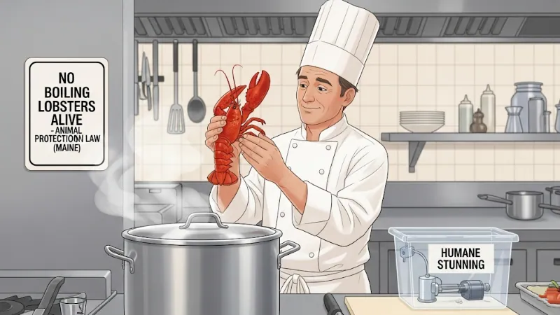 Chef holding lobster beside a pot with sign banning live boiling in Maine