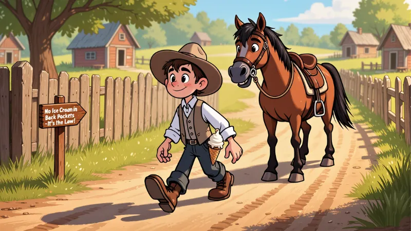 A horse following a person with an ice cream cone in their back pocket in old Kentucky