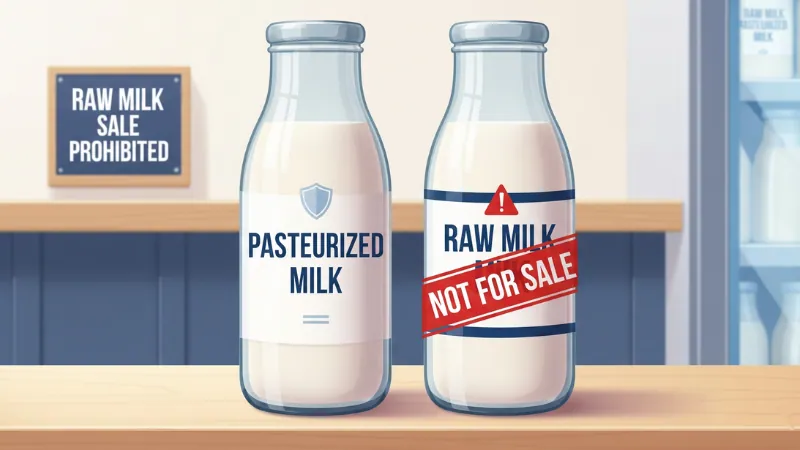 Raw milk bottle with a warning label next to pasteurized milk on a store shelf