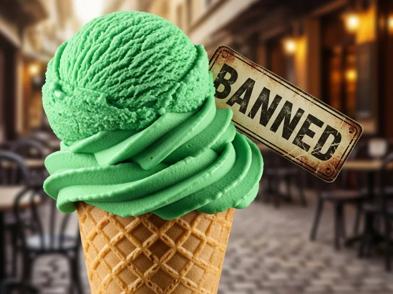 Green absinthe ice cream cone with banned sign
