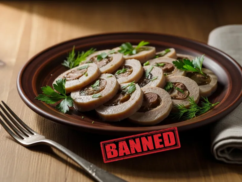 Jellied moose nose on a plate with prohibited sign and Canadian flag
