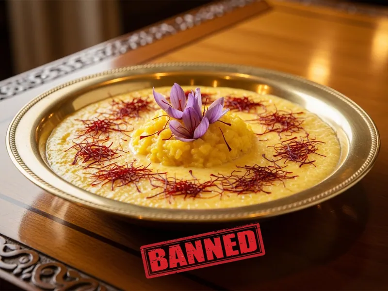 Saffron rice pudding in a golden bowl with forbidden sign
