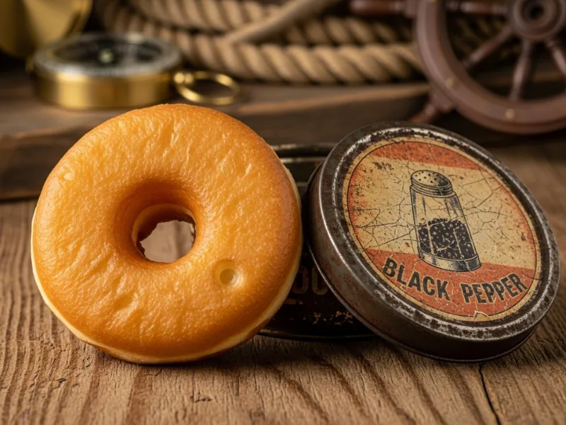 Classic donut with hole next to a vintage pepper tin on a wooden table