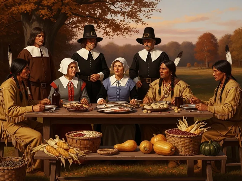 Pilgrims and Native Americans sharing a harvest feast in 1621 with corn, beans, and fish on the table, but no turkey.