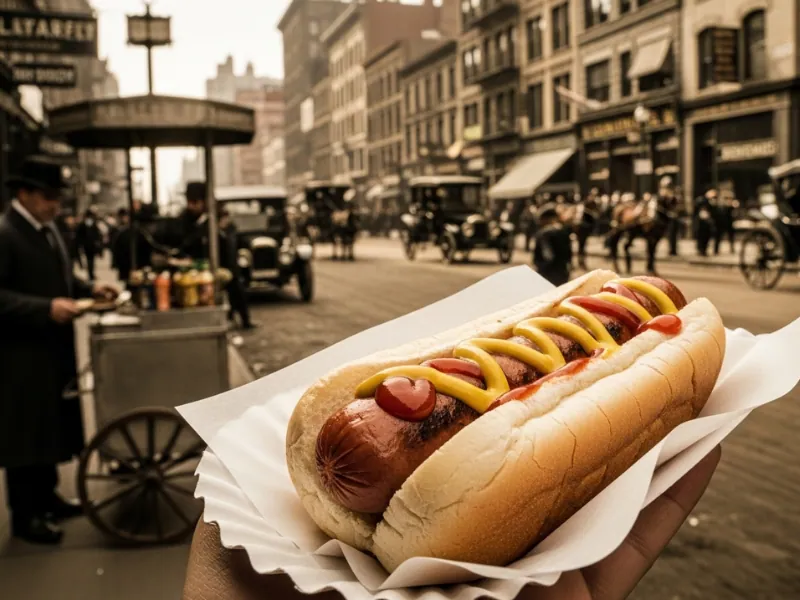 Classic hot dog in a bun with mustard, representing New York street food