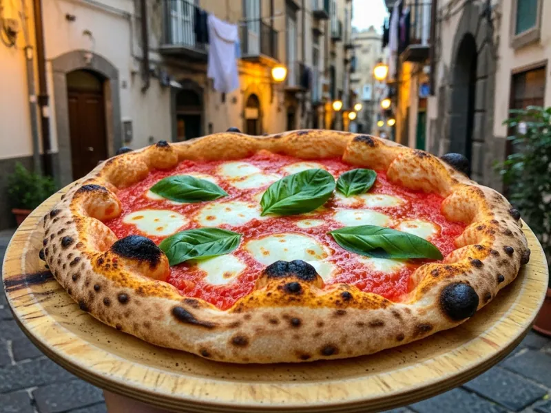 Traditional Margherita pizza on a wooden plate in Naples, Italy